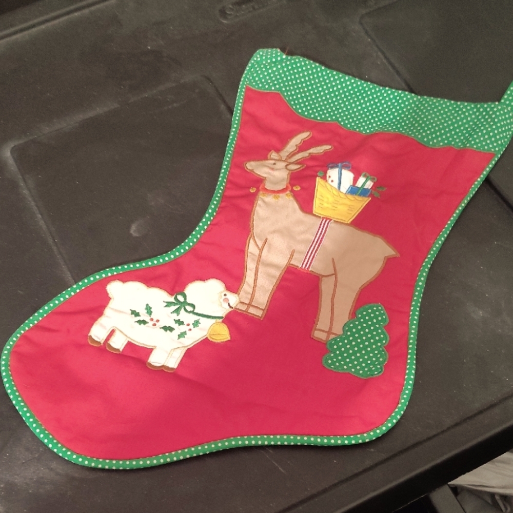 Charming Red Holiday Stocking with Reindeer and Lamb